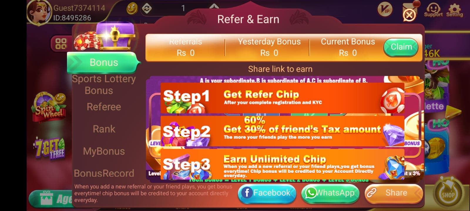 Flying Chess Game referral program dashboard showing invite friends and earn cash rewards